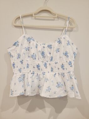 Arula Blue Floral Clip Dot Smocked Back Cropped Peplum Top